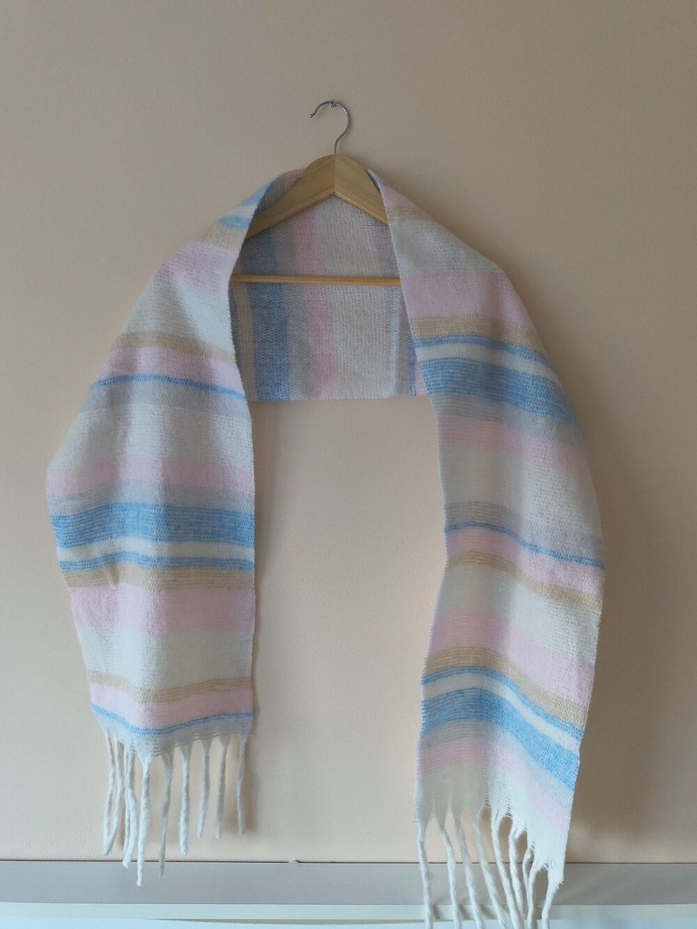 Women's Pastel Striped Fringe Scarf Blue Pink White Acrylic Winter Wrap
